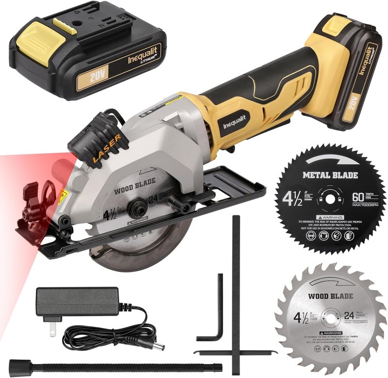 Inequalit Mini Circular Saw, 3400 RPM 4-1/2 Inch Cordless Circular Saw with Laser Guide, Rip Guides, 2 Blades (24T Wood + 60T Metal), Max Cutting Depth 1-11/16" (90°), 1-1/8" (45°)" - Image 2